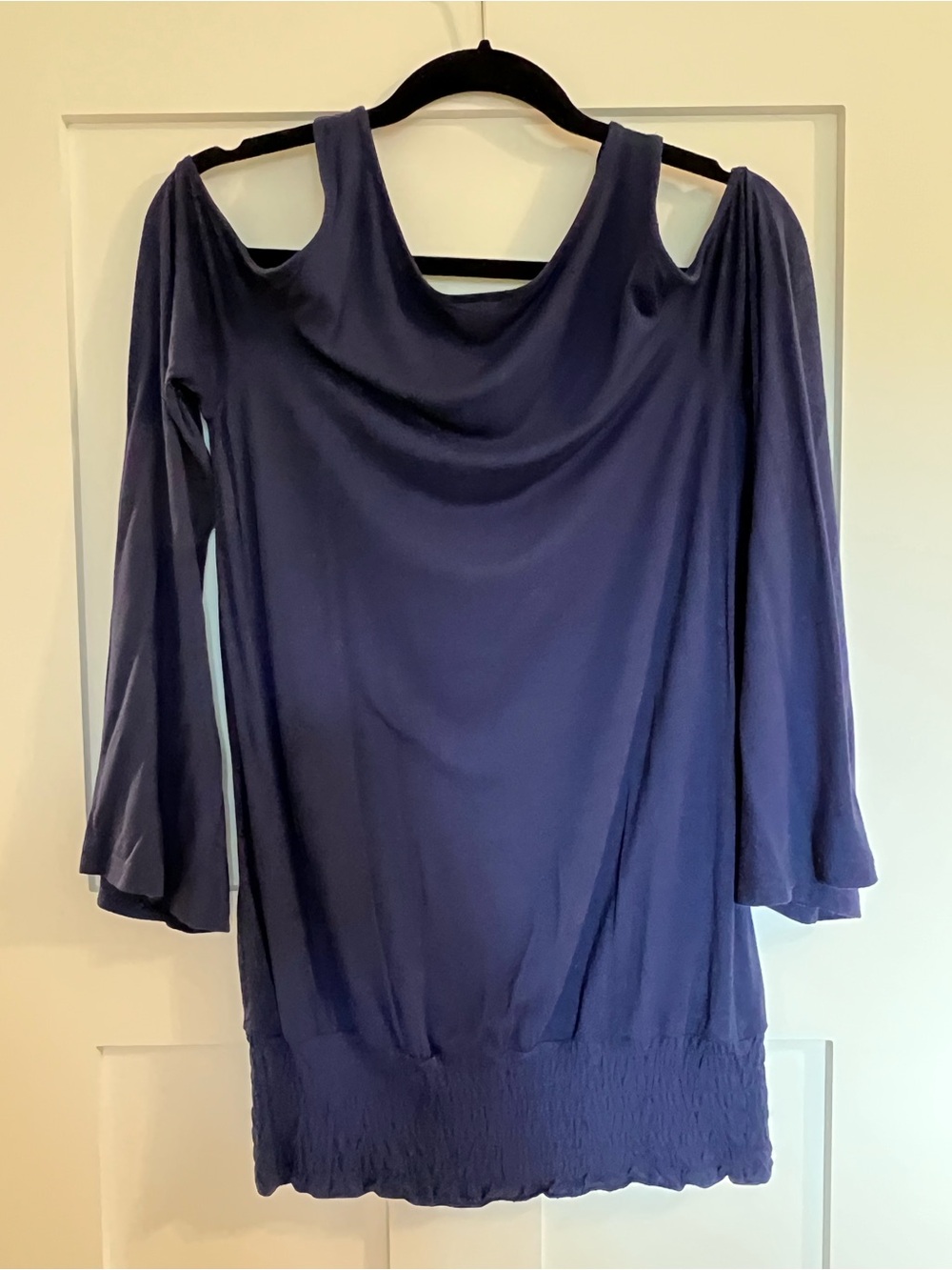 VENUS Navy Cold-Shoulder Long Sleeve Dress with Shirred Hem